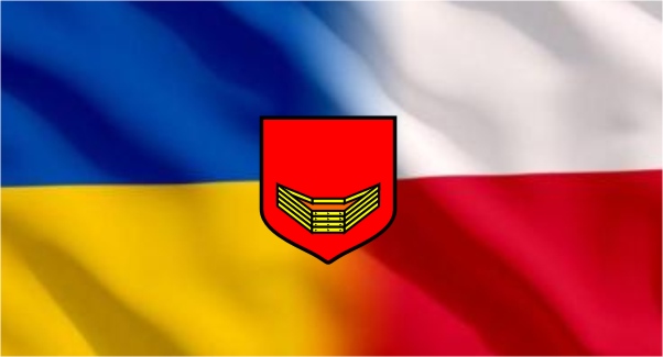 Flagi Ukraińska i Polska z logo gminy Łubowo